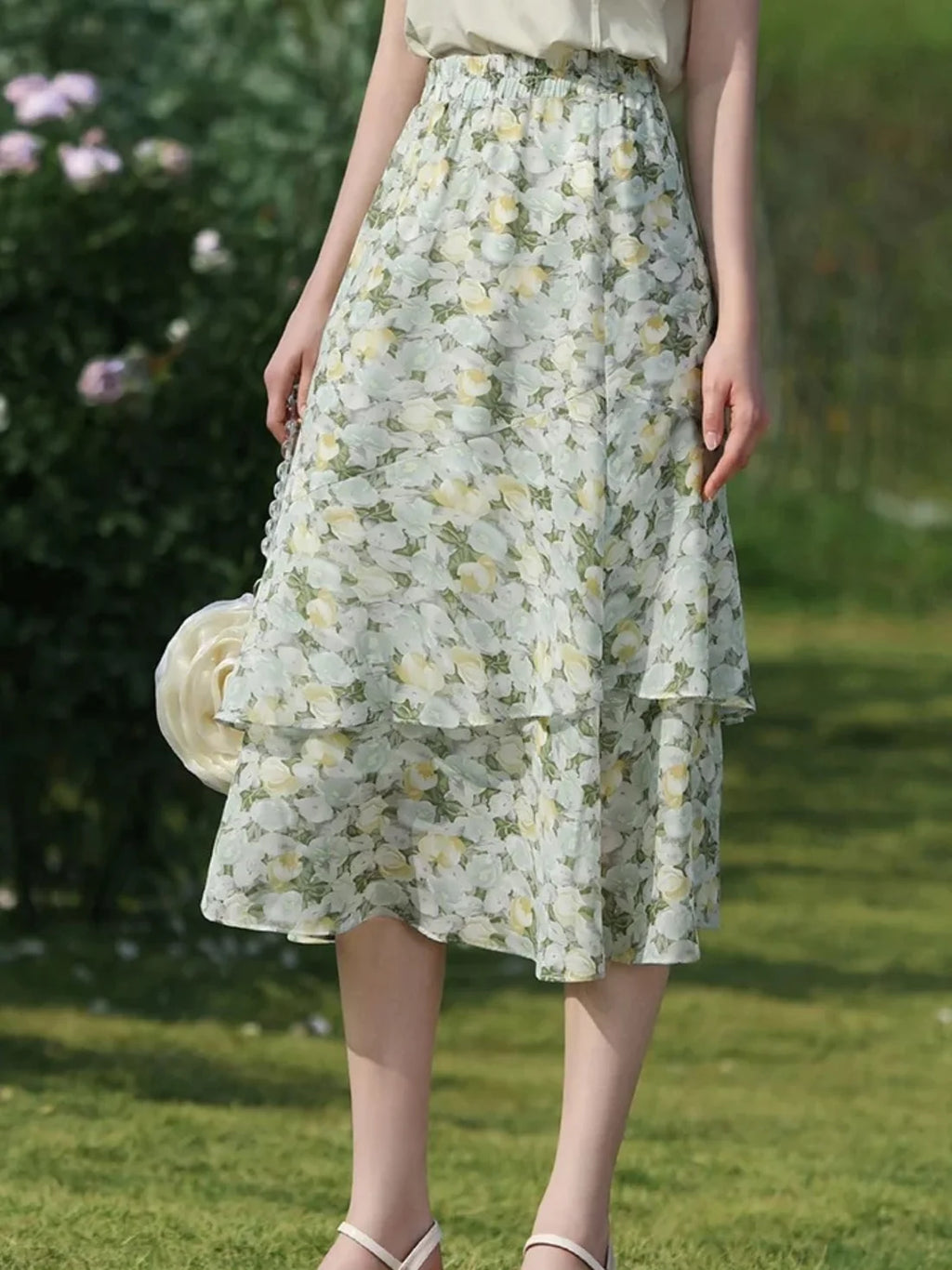 High‑Waist Elastic Waist Floral Print A‑Line Chiffon Midi Skirt