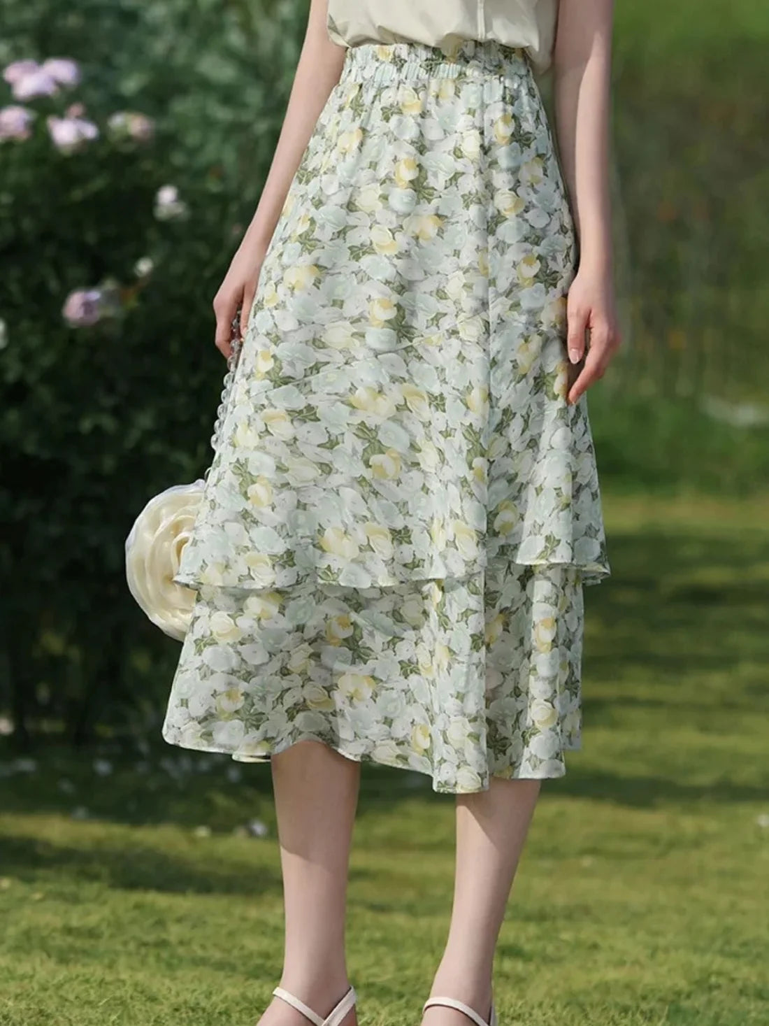 High‑Waist Elastic Waist Floral Print A‑Line Chiffon Midi Skirt