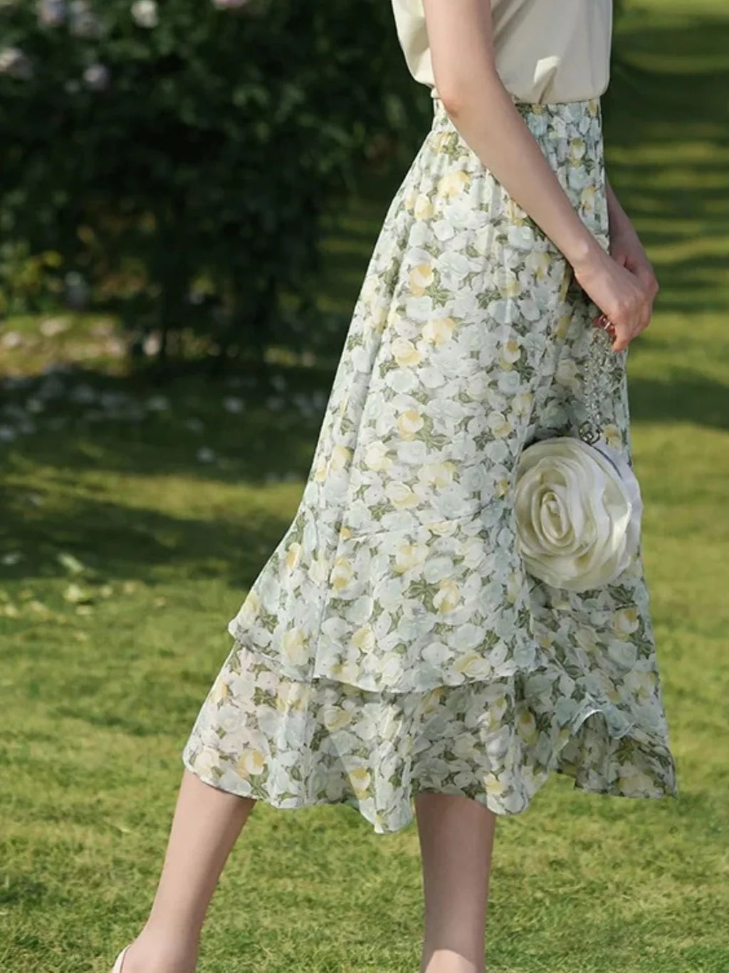 High‑Waist Elastic Waist Floral Print A‑Line Chiffon Midi Skirt