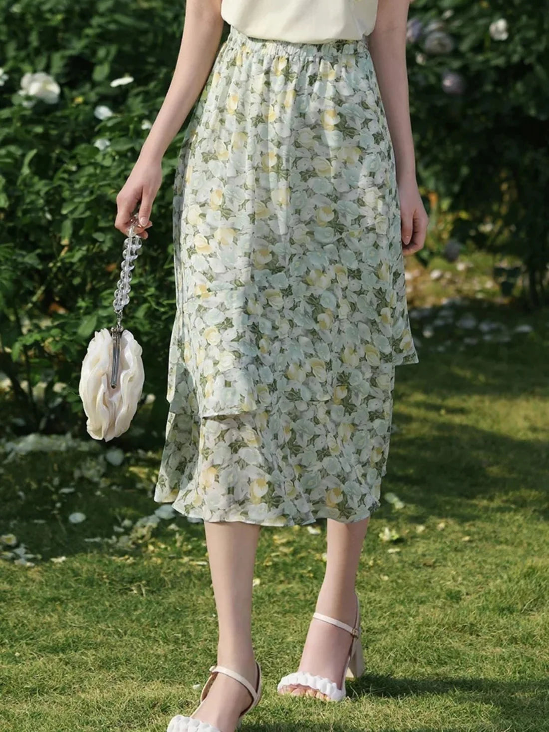 High‑Waist Elastic Waist Floral Print A‑Line Chiffon Midi Skirt