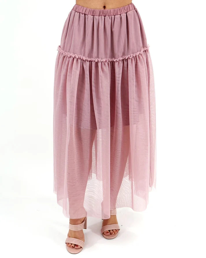 Blush Mesh Tiered Elastic‑Waist Maxi Skirt With Side Pockets