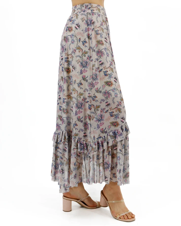 Stretchy Mesh Floral‑Print Tiered Ruffle‑Hem Maxi Skirt