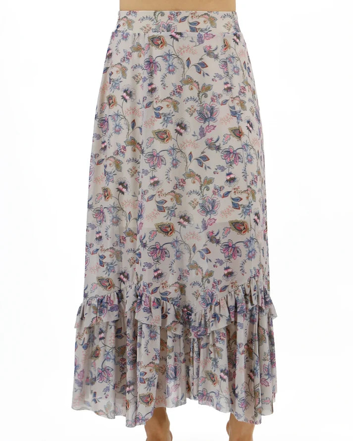 Stretchy Mesh Floral‑Print Tiered Ruffle‑Hem Maxi Skirt
