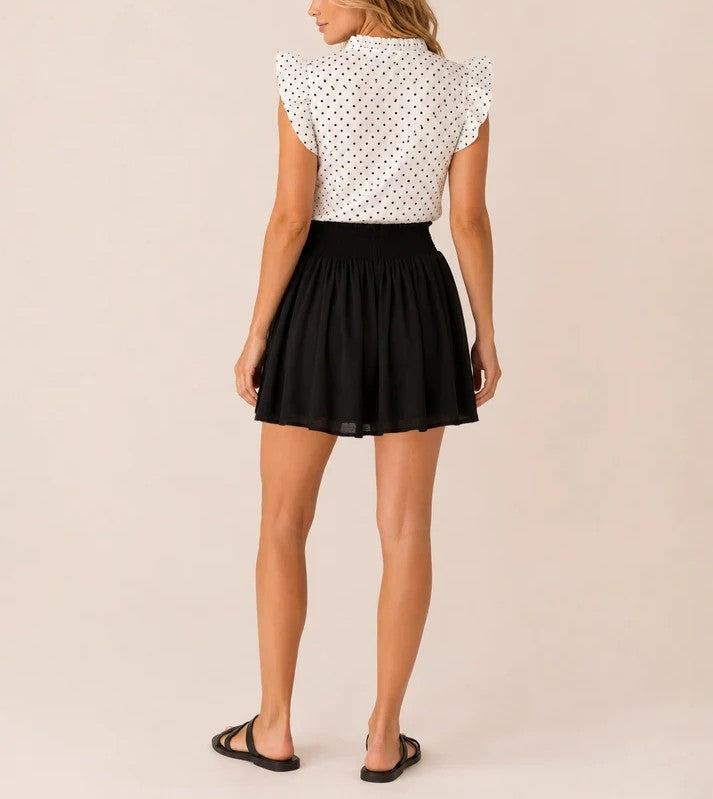 Solid Black Smocked‑Waist Lightweight Crinkle Flow Skort