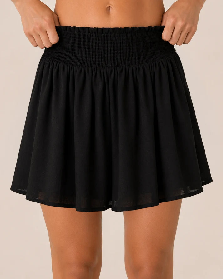Solid Black Smocked‑Waist Lightweight Crinkle Flow Skort