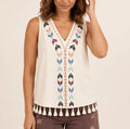 Ivory Boho Folk‑Embroidered V‑Neck Sleeveless Tank Top With Fringe Hem
